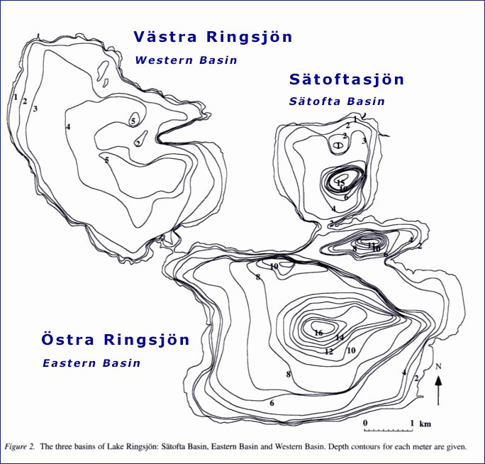 Djup i de olika 3 delarna av Ringsjön