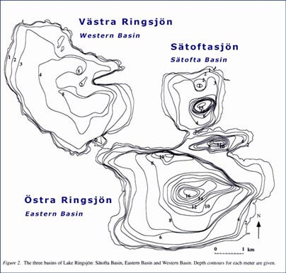 Djupet i de olika 3 delarna av Ringsjön